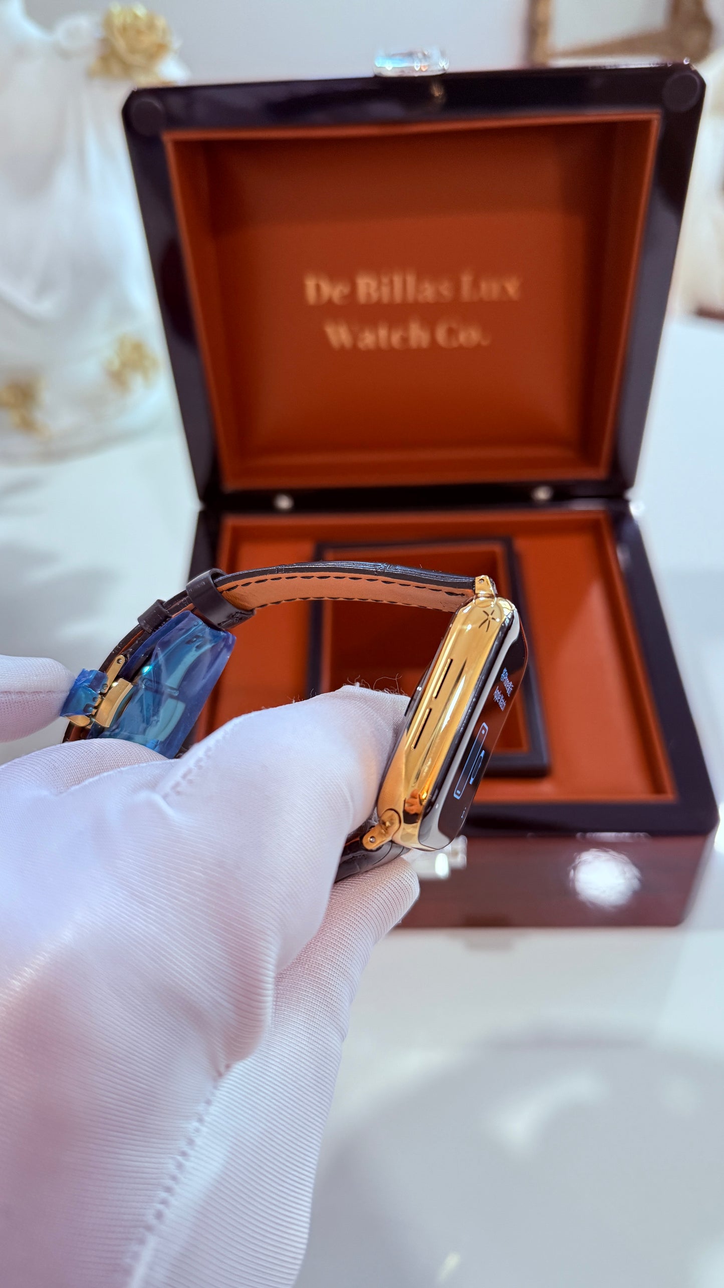 Custom Black Alligator Leather Band 24k Gold Deployment Buckle - Band Only