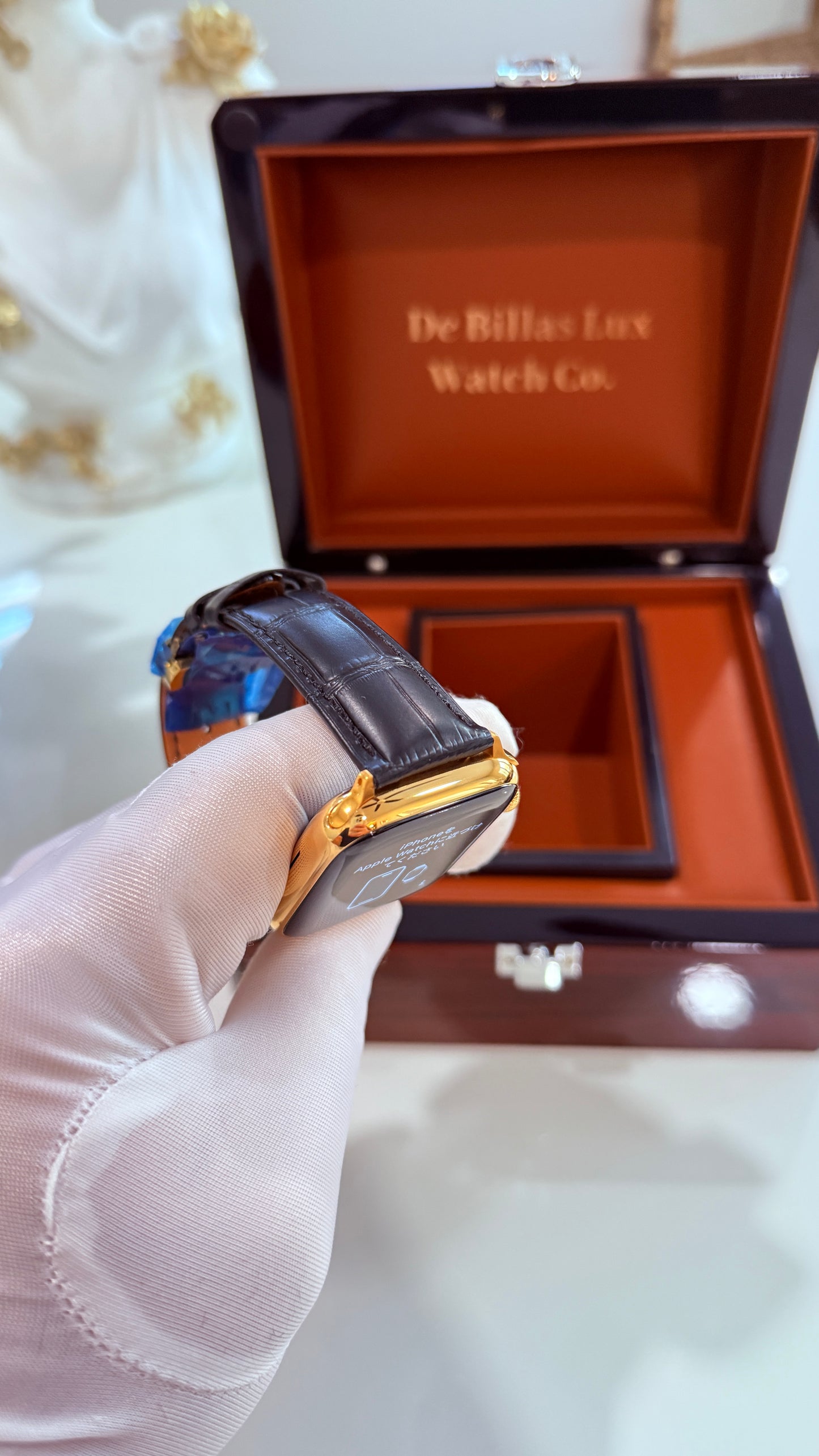 Custom Black Alligator Leather Band 24k Gold Deployment Buckle - Band Only