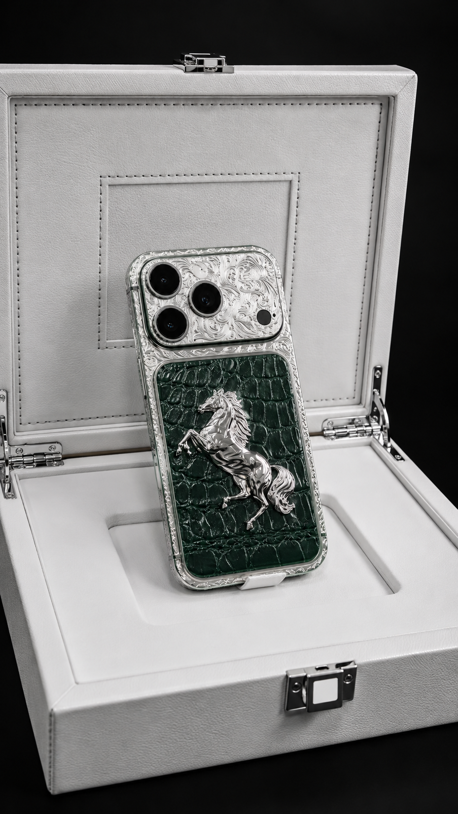 Custom Platinum iPhone 17 Pro Max – Green Leather Equestrian Edition