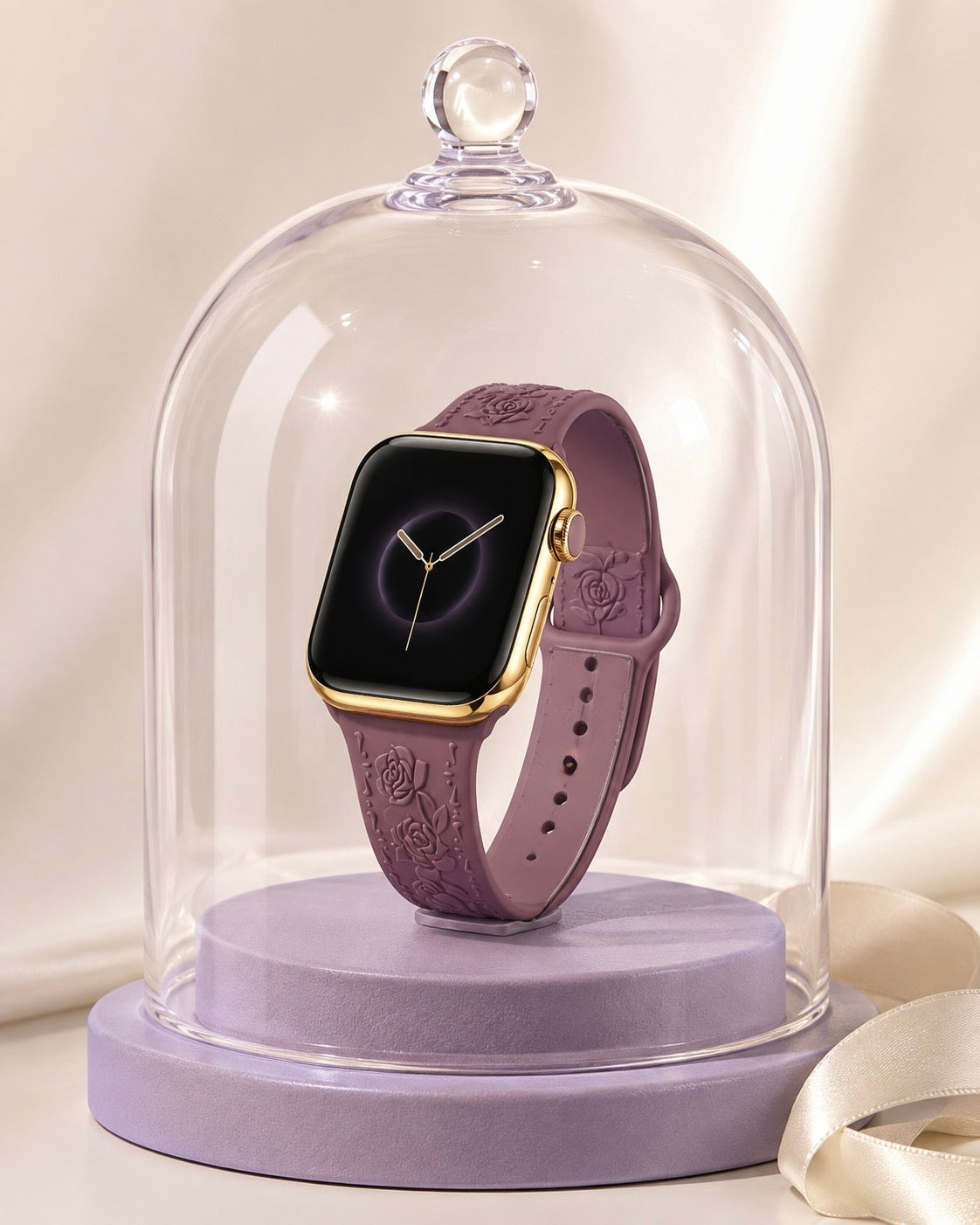 Custom 24K Gold-Plated Apple Watch Series 9 with Purple Coquette Sport Band