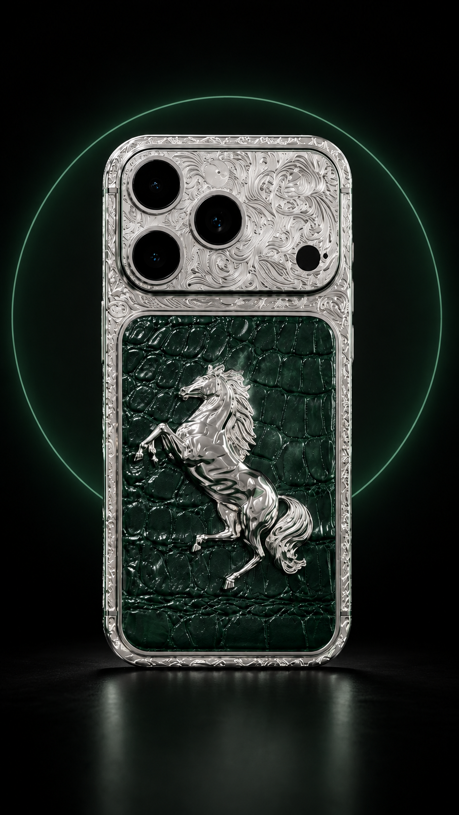 Custom Platinum iPhone 17 Pro Max – Green Leather Equestrian Edition