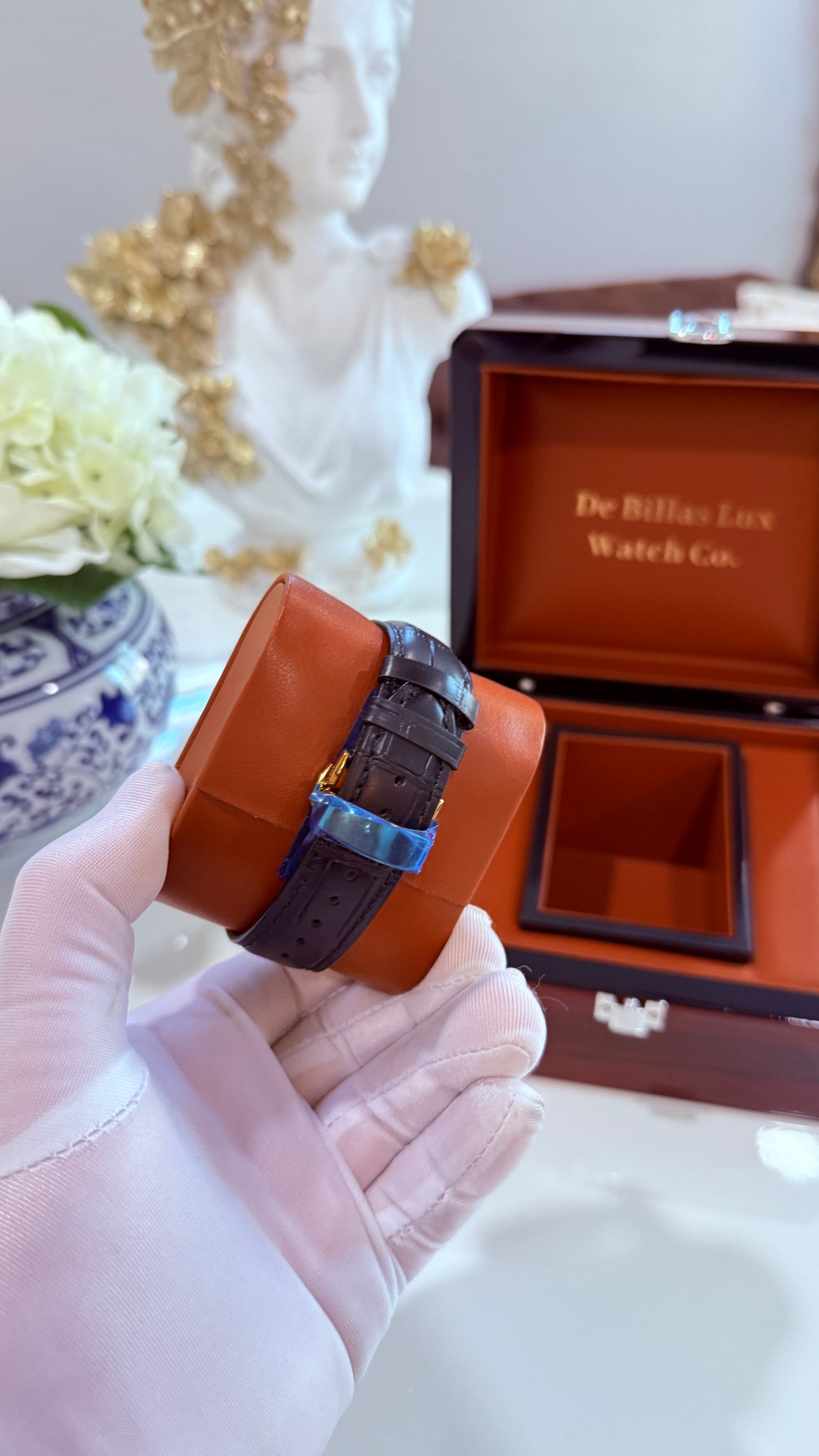 Custom Black Alligator Leather Band 24k Gold Deployment Buckle - Band Only