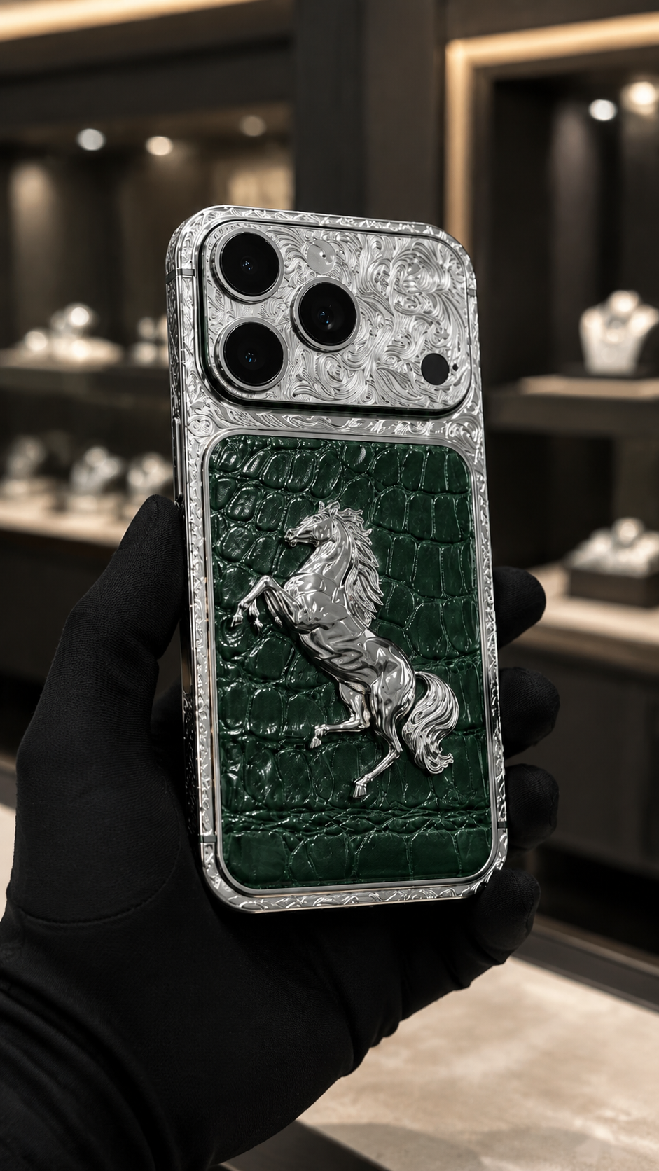 Custom Platinum iPhone 17 Pro Max – Green Leather Equestrian Edition