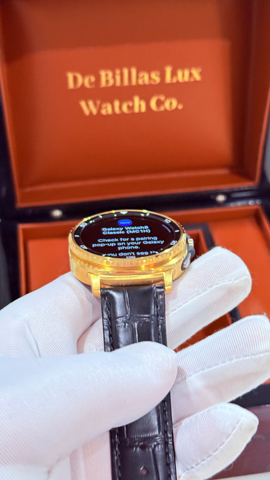 Custom 24k Gold Plated 46mm Samsung Galaxy Watch 8 Classic Black Leather 2 Bands