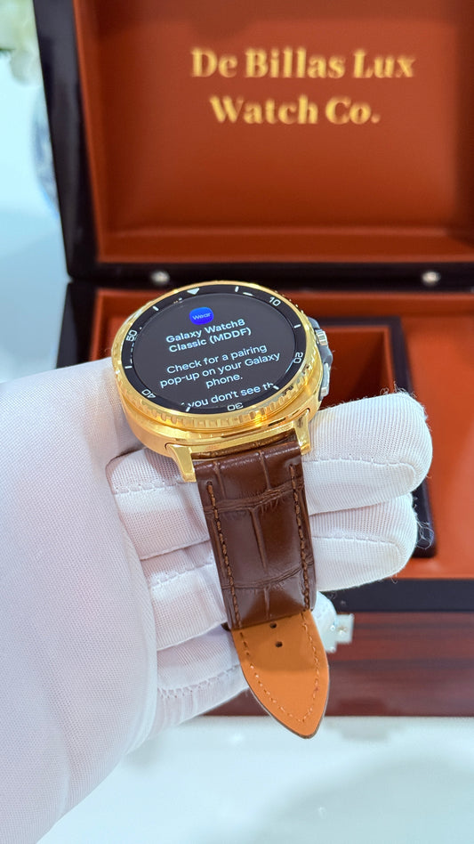 Custom 24k Gold Samsung Galaxy Watch 8 Classic Brown Leather Band