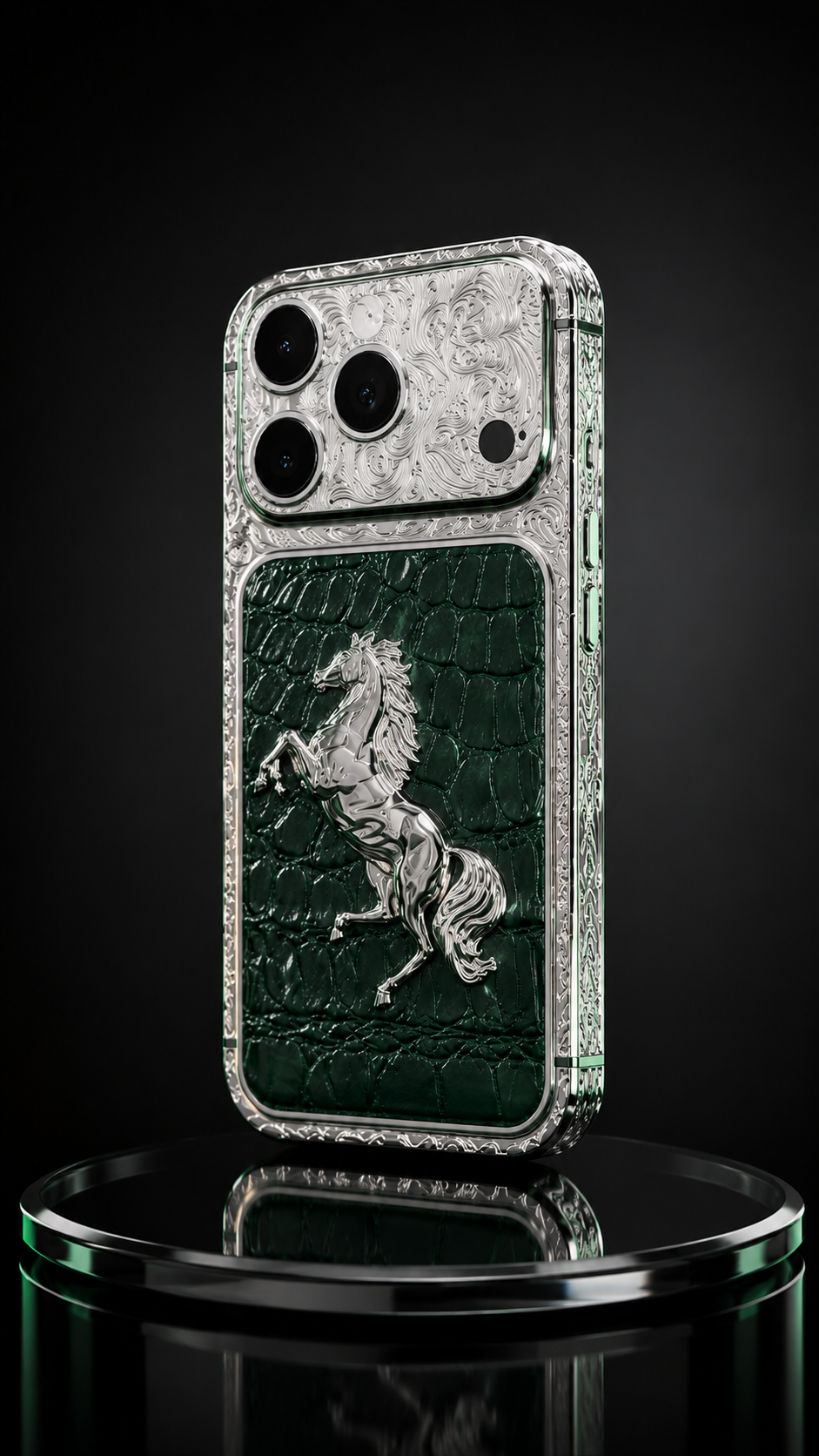 Custom Platinum iPhone 17 Pro Max – Green Leather Equestrian Edition