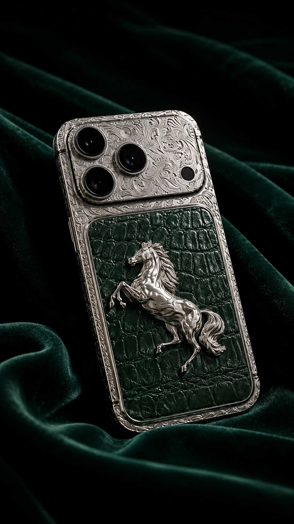 Custom Platinum iPhone 17 Pro Max – Green Leather Equestrian Edition