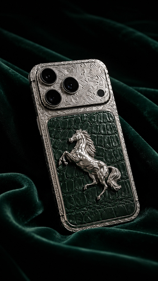 Custom Platinum iPhone 17 Pro Max – Green Leather Equestrian Edition