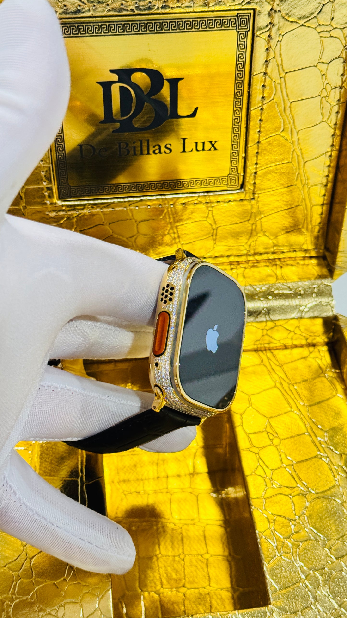 Custom 24K Gold Apple Watch Ultra 2 with Inlaid Diamonds & Black Leather Band – Luxury Gift Box Included