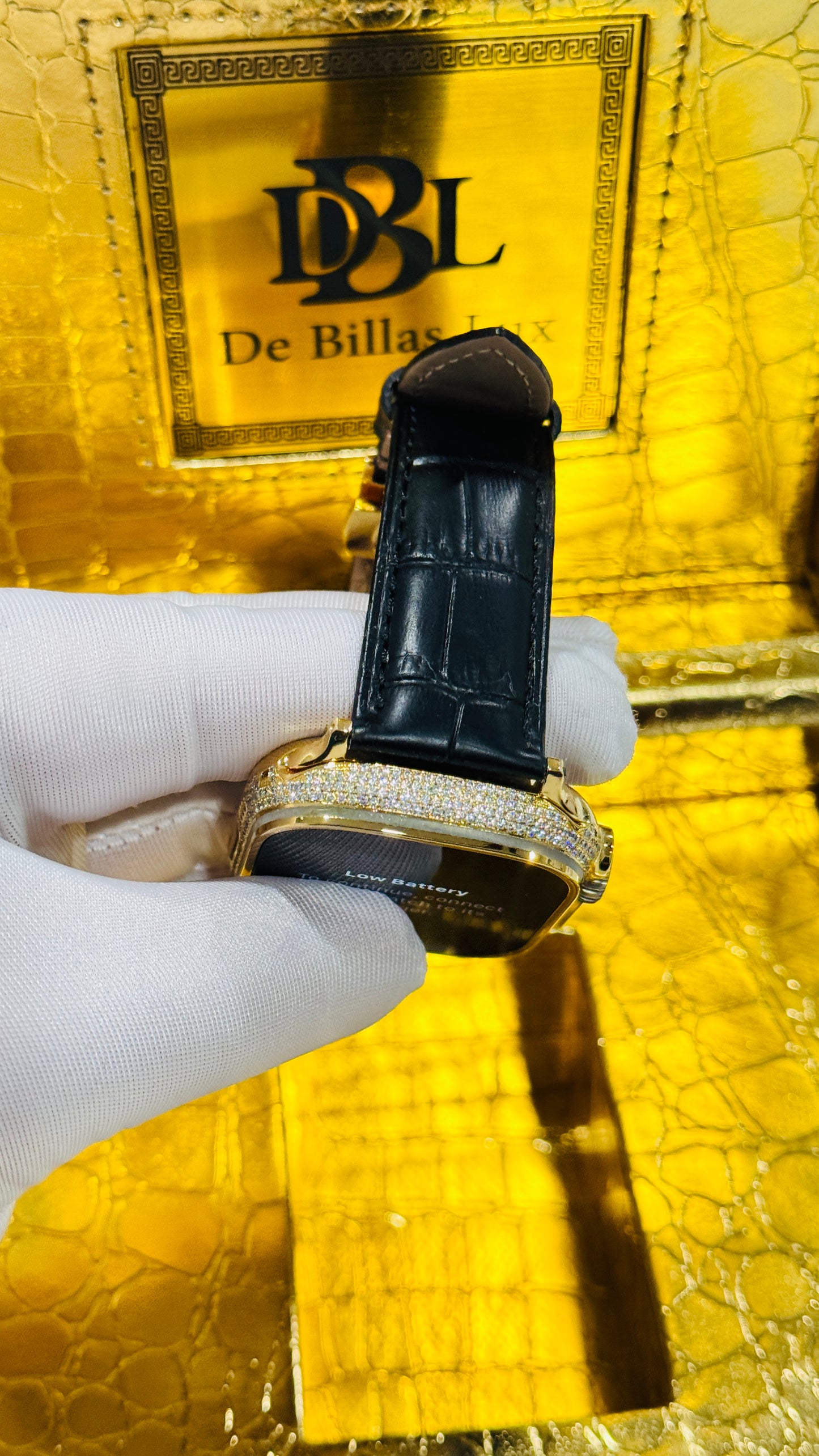 Custom 24K Gold Apple Watch Ultra 2 with Inlaid Diamonds & Black Leather Band – Luxury Gift Box Included