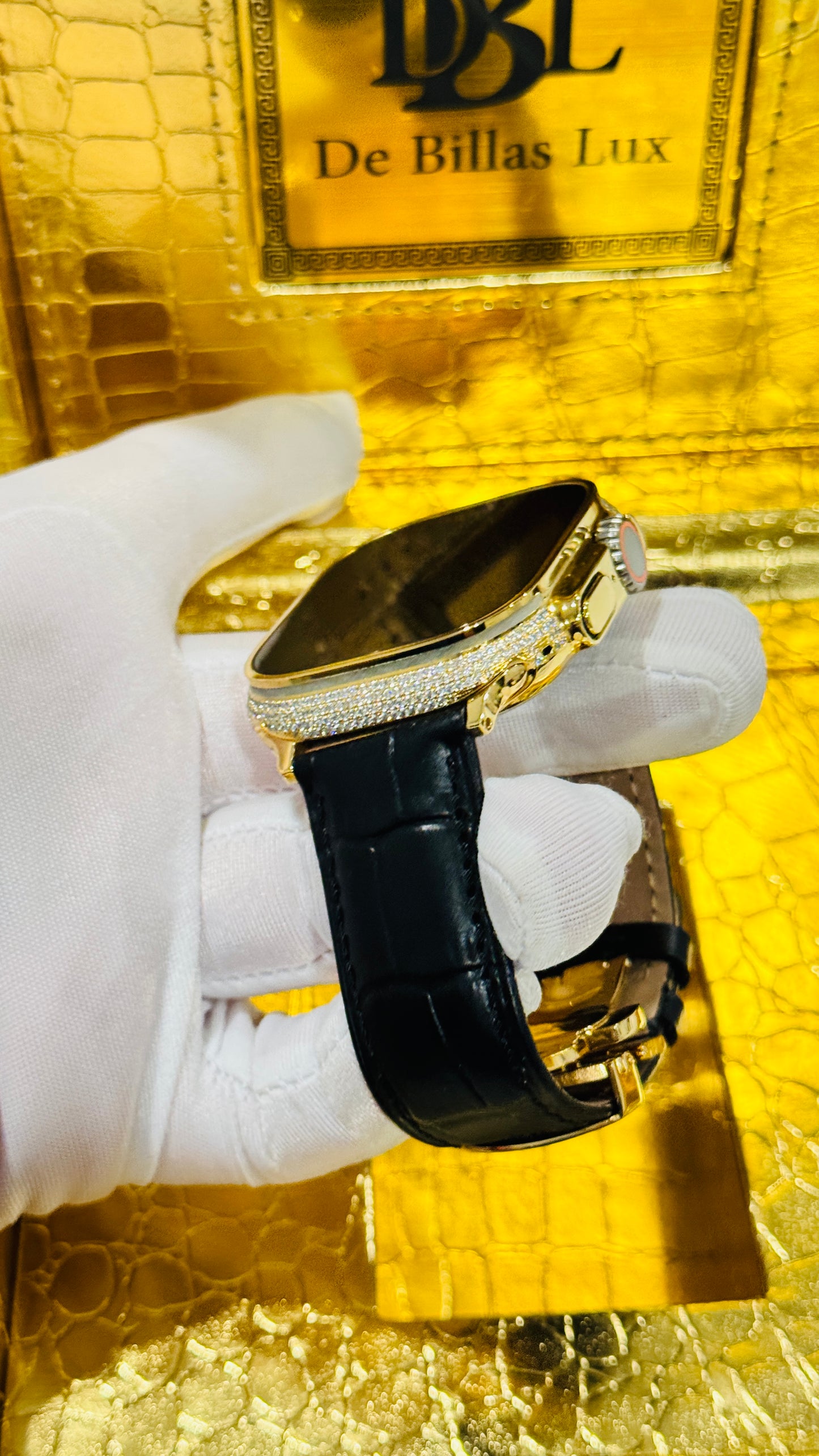 Custom 24K Gold Apple Watch Ultra 2 with Inlaid Diamonds & Black Leather Band – Luxury Gift Box Included