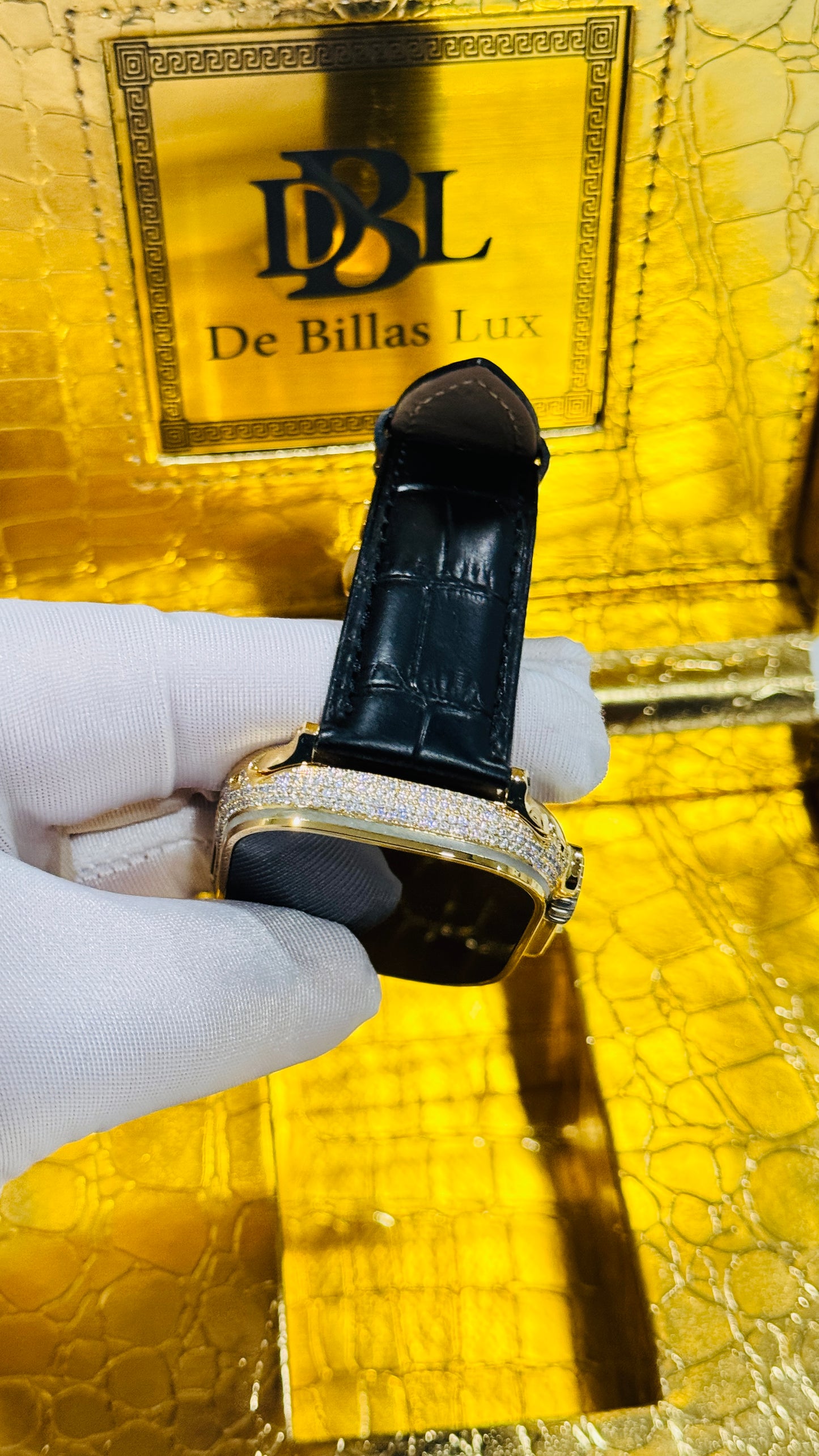 Custom 24K Gold Apple Watch Ultra 2 with Inlaid Diamonds & Black Leather Band – Luxury Gift Box Included