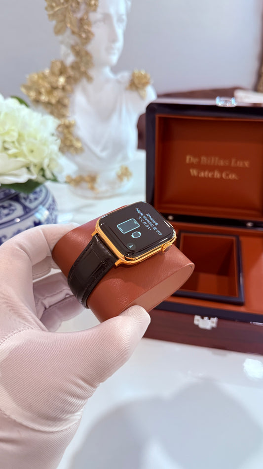 Custom 24K Gold 45mm Apple Watch Stainless Steel Series 9 Alligator Leather Band Deployment Buckle