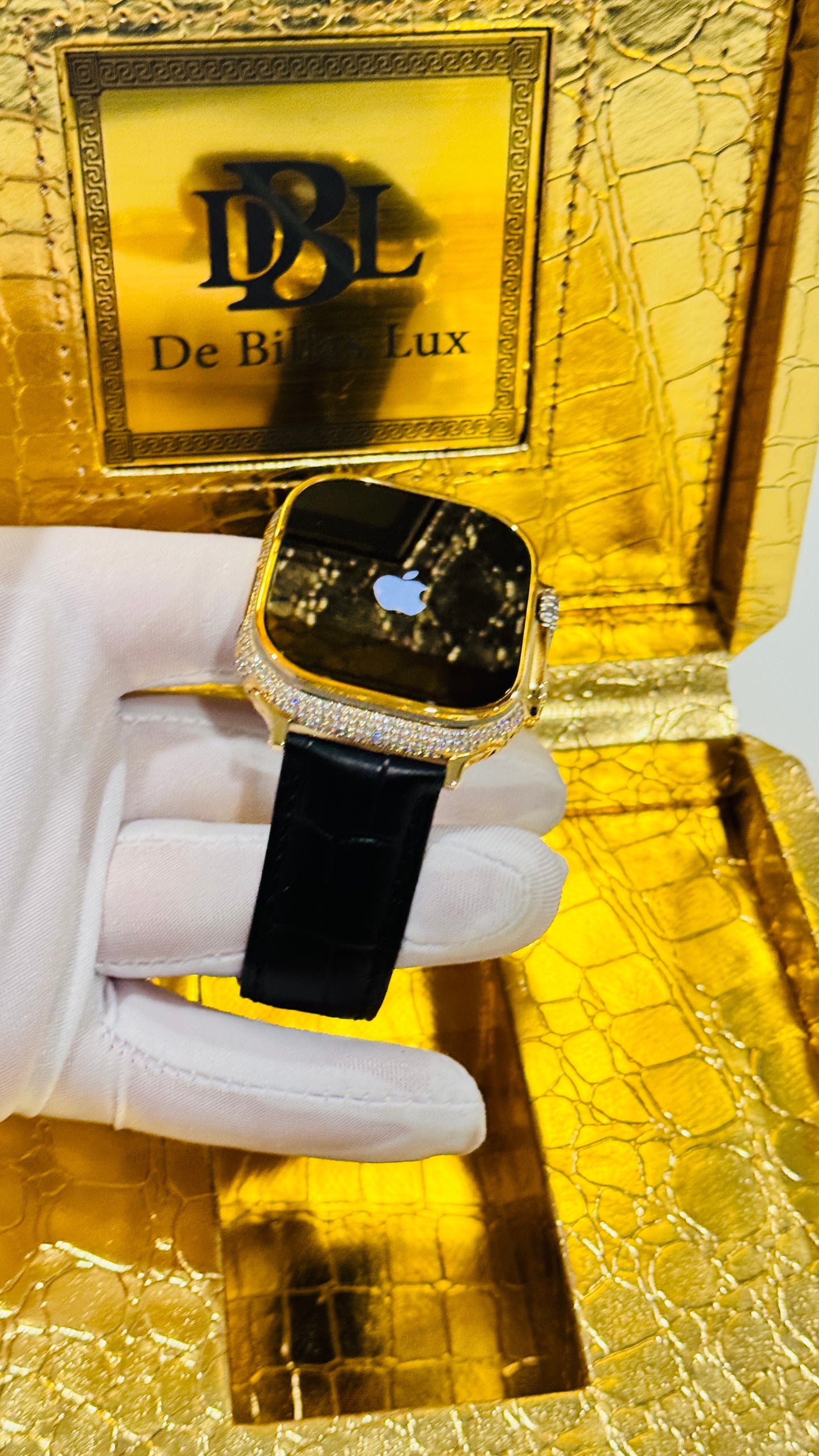 Custom 24K Gold Apple Watch Ultra 2 with Inlaid Diamonds & Black Leather Band – Luxury Gift Box Included