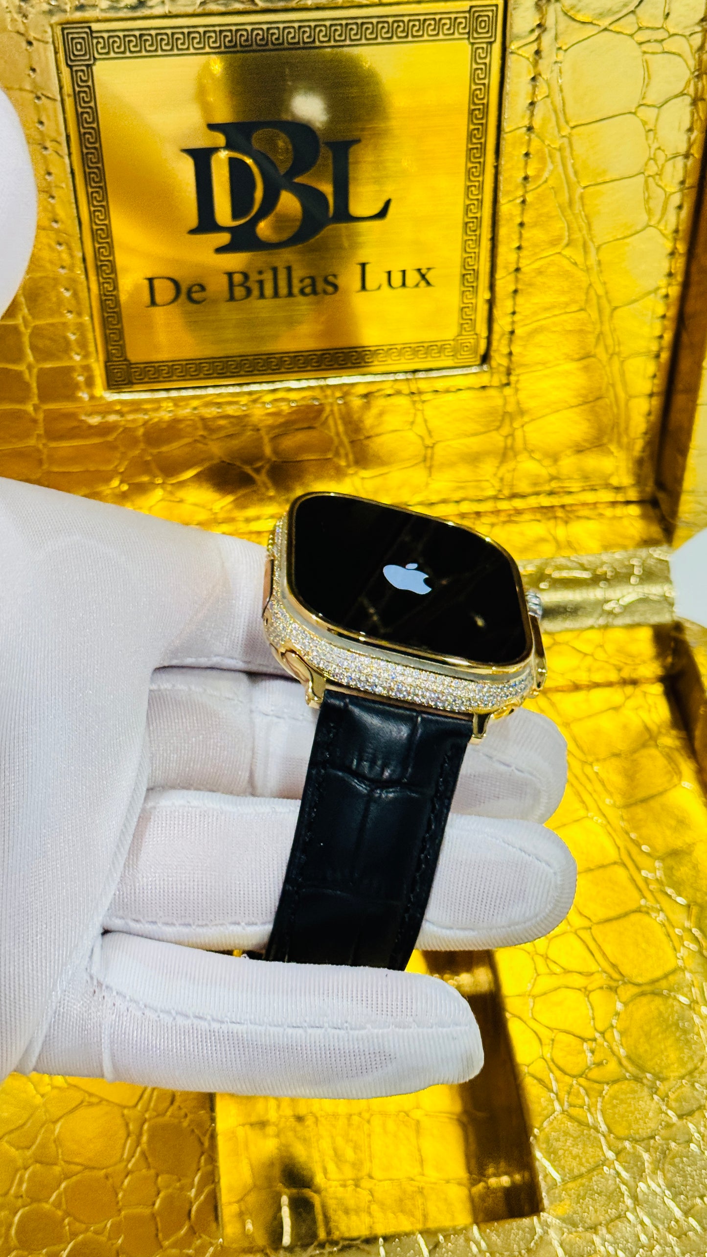 Custom 24K Gold Apple Watch Ultra 2 with Inlaid Diamonds & Black Leather Band – Luxury Gift Box Included