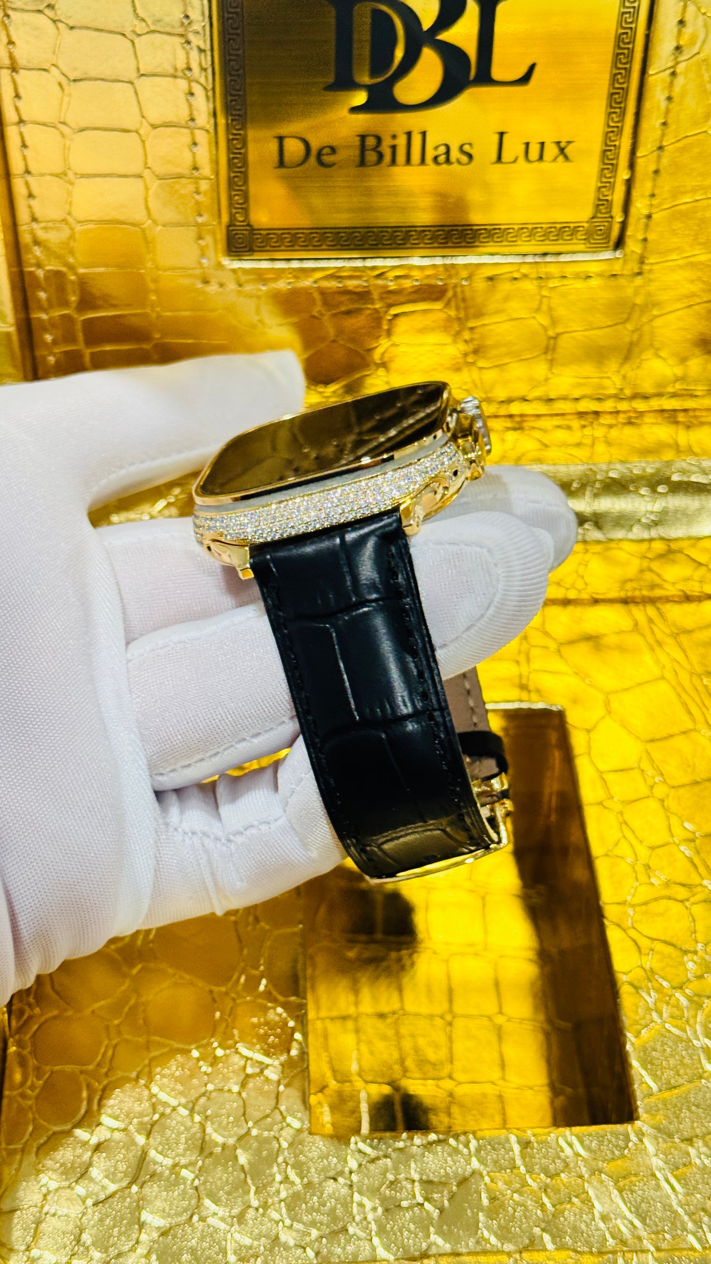 Custom 24K Gold Apple Watch Ultra 2 with Inlaid Diamonds & Black Leather Band – Luxury Gift Box Included