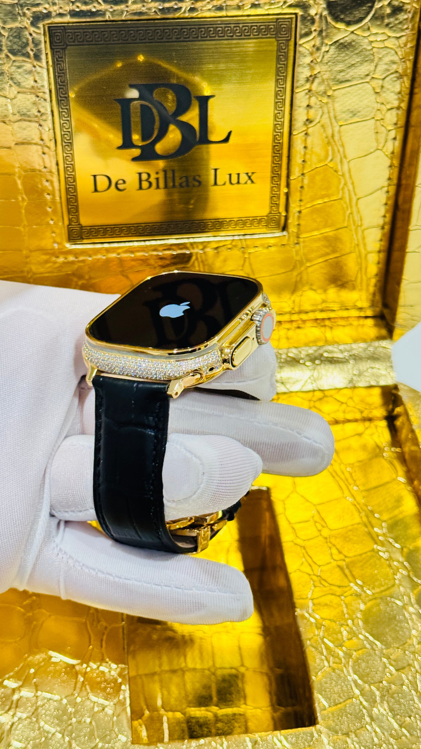 Custom 24K Gold Apple Watch Ultra 2 with Inlaid Diamonds & Black Leather Band – Luxury Gift Box Included