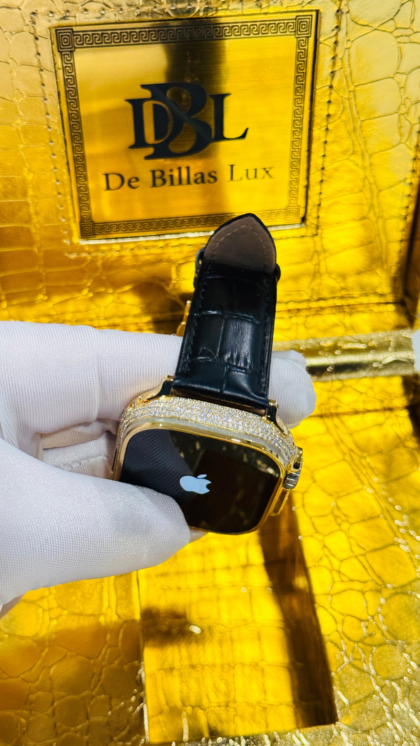 Custom 24K Gold Apple Watch Ultra 2 with Inlaid Diamonds & Black Leather Band – Luxury Gift Box Included