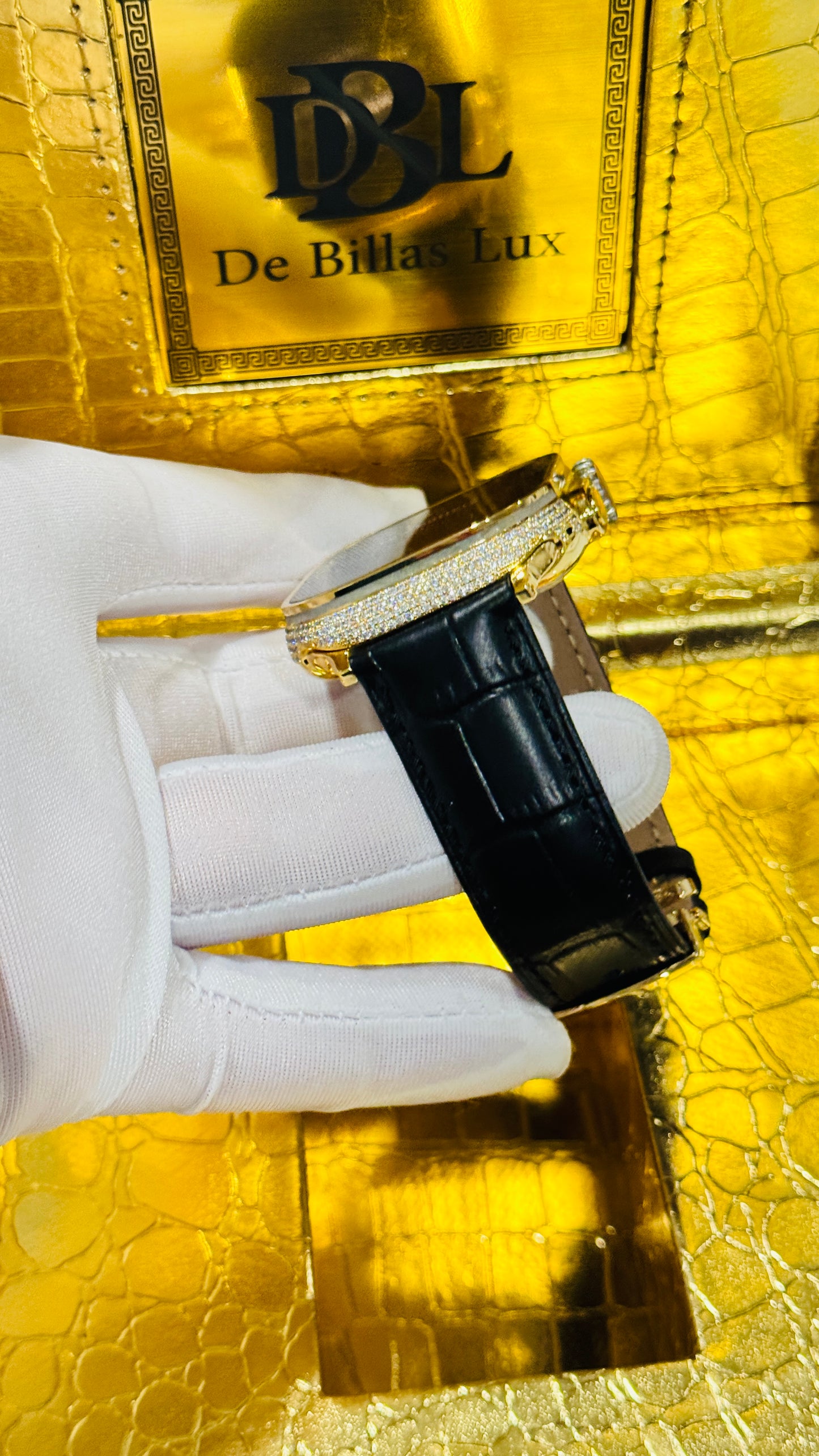 Custom 24K Gold Apple Watch Ultra 2 with Inlaid Diamonds & Black Leather Band – Luxury Gift Box Included