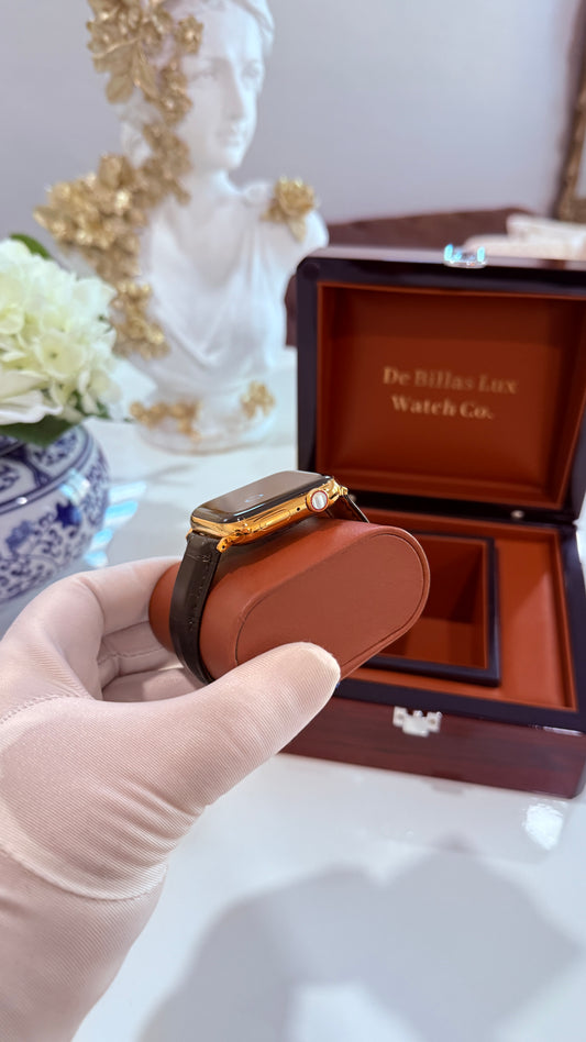 Custom 24K Gold 45mm Apple Watch Stainless Steel Series 9 Alligator Leather Band Deployment Buckle