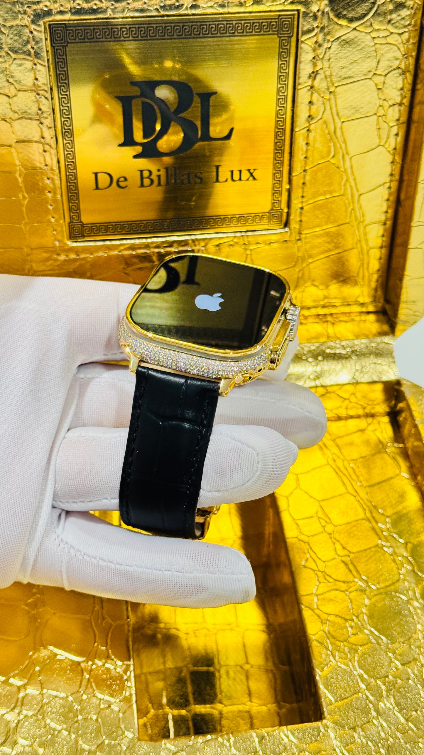 Custom 24K Gold Apple Watch Ultra 2 with Inlaid Diamonds & Black Leather Band – Luxury Gift Box Included