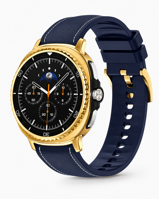 Custom 24K Gold Samsung Galaxy Watch 8 Classic LTE with Blue and Black Band