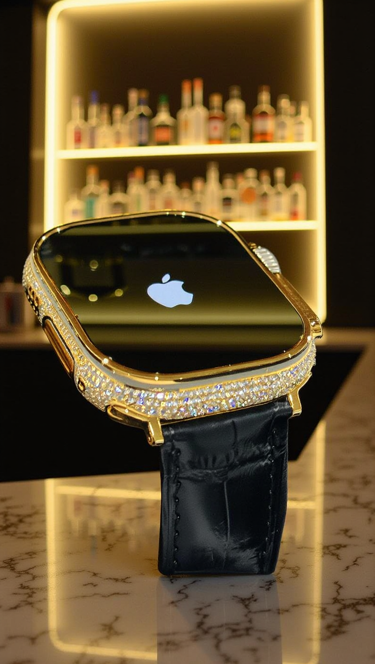 Custom 24K Gold Apple Watch Ultra 2 with Inlaid Diamonds & Black Leather Band – Luxury Gift Box Included
