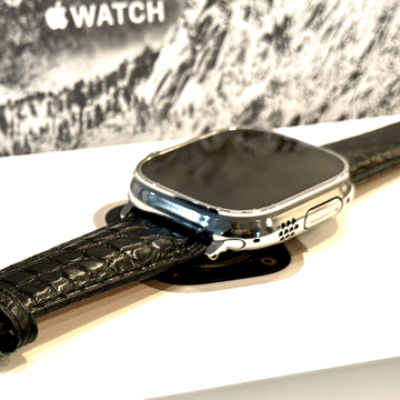 Black alligator grain leather band 24mm for Apple Watch Any Series size 42 44 45 and 49mm