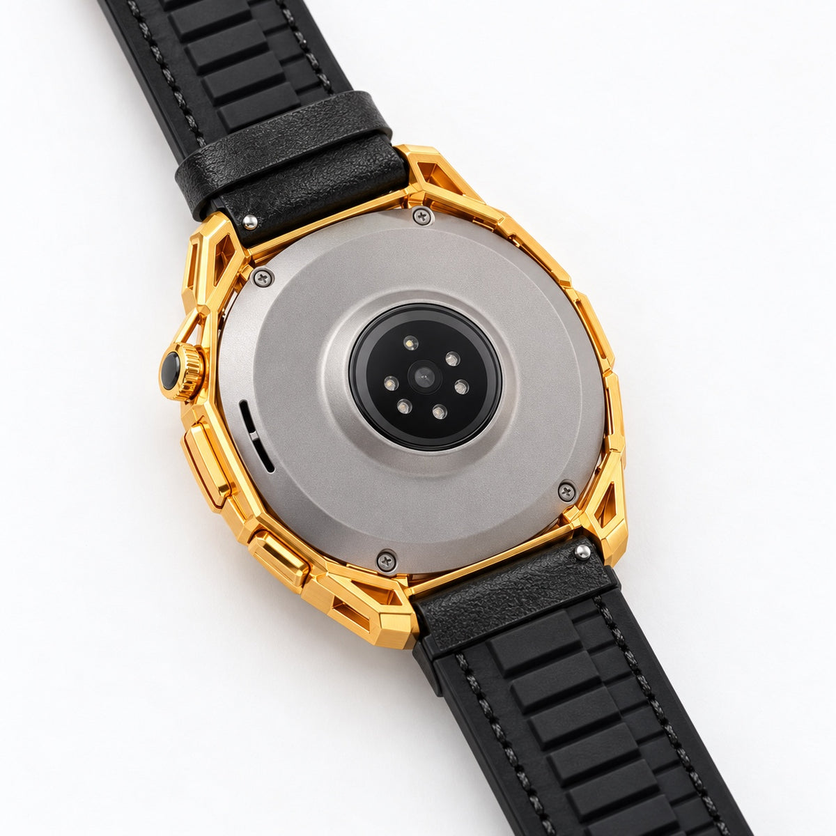 Unplated gray Amazfit Balance 3 caseback and rear sensor with black silicone-lined band