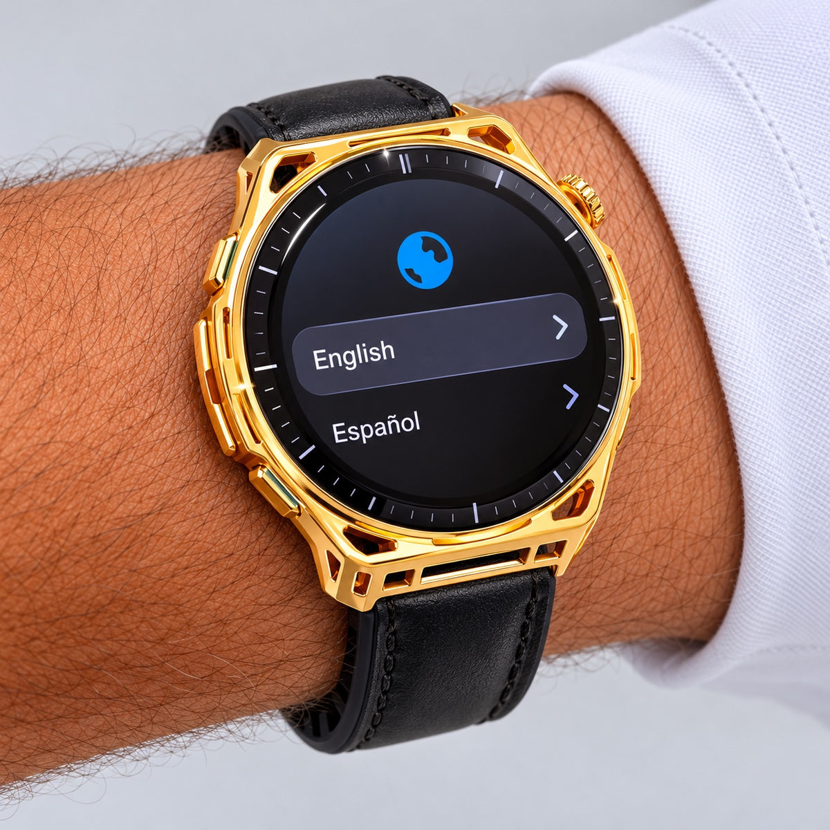 Amazfit Balance 3 language setup screen with custom gold case and black leather band
