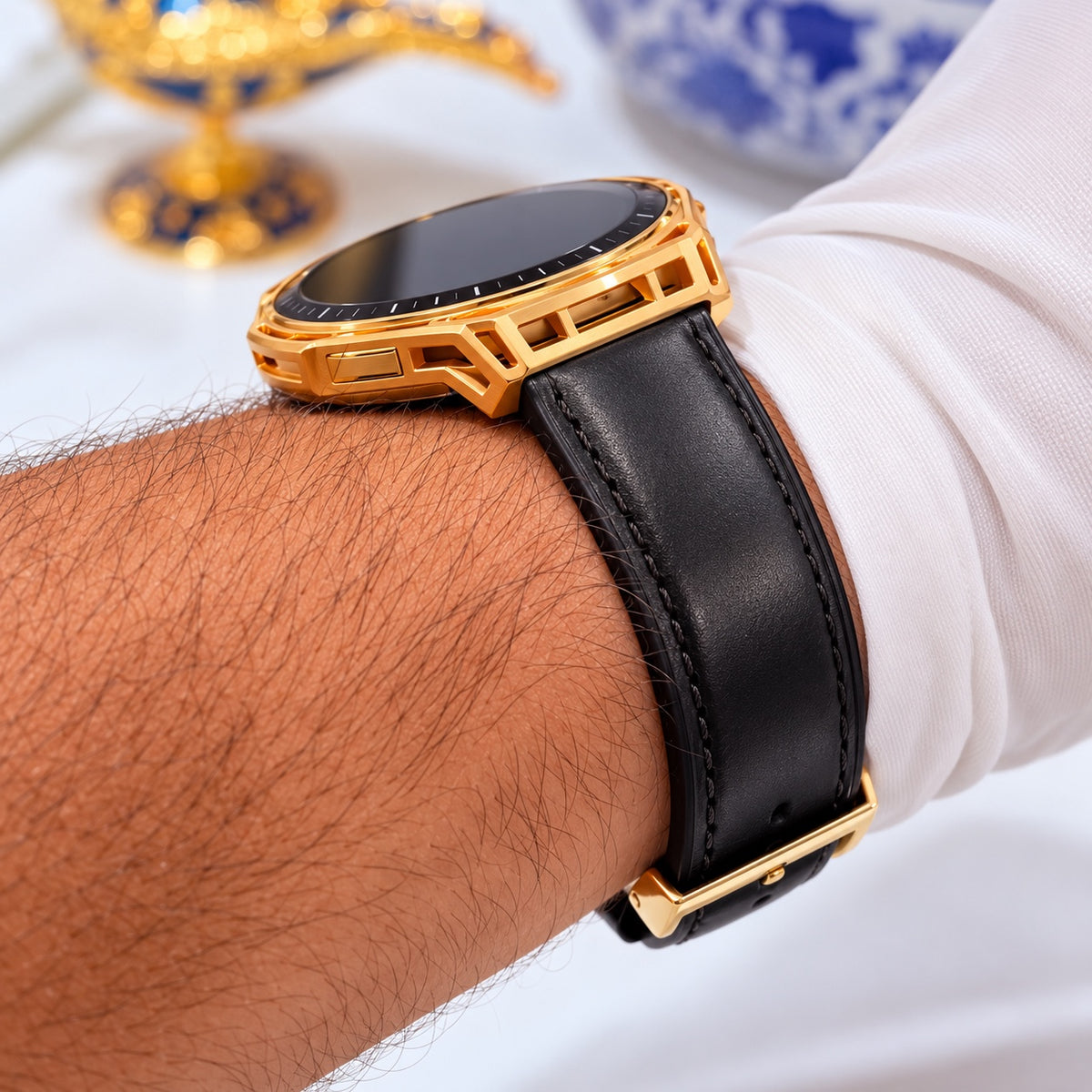 Side profile of custom gold Amazfit Balance 3 showing black leather stitching and gold buckle