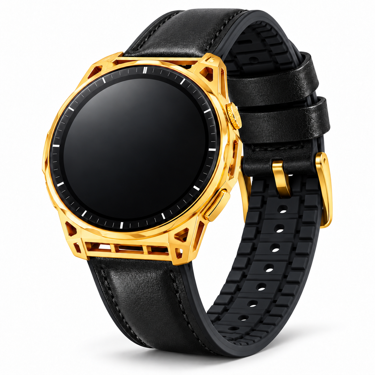 Custom gold Amazfit Balance 3 smartwatch with black hybrid band on white background
