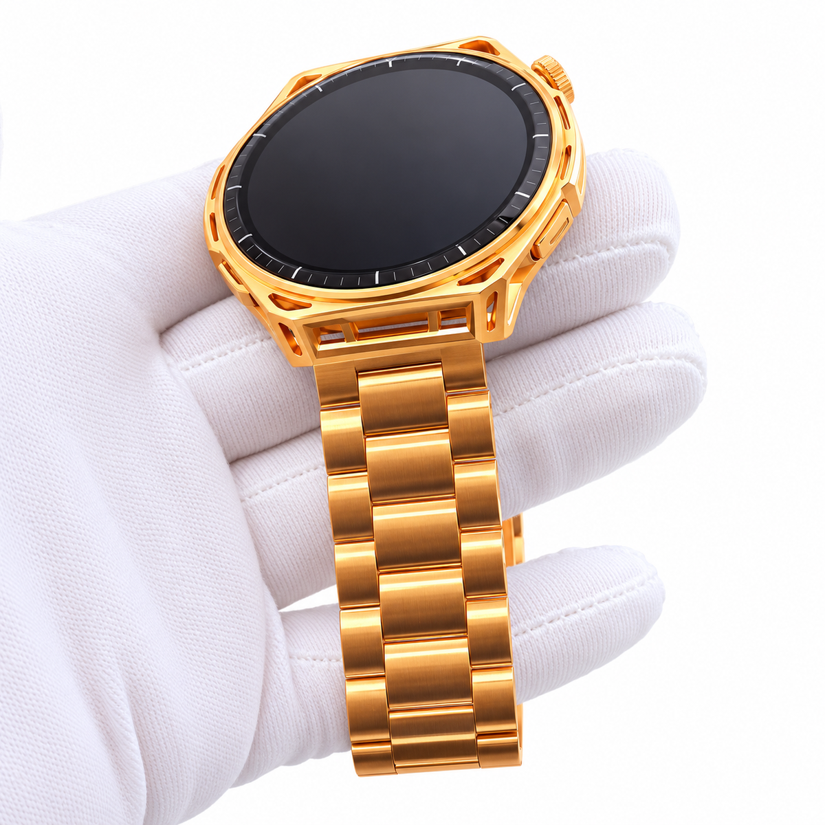 Front view of custom gold Amazfit Balance 3 with bracelet held in a white glove
