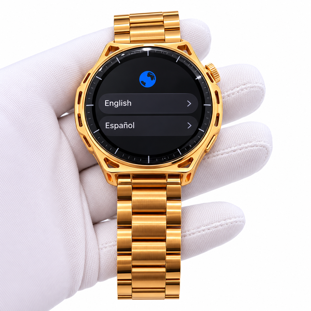Gold plated Amazfit Balance 3 showing English and Spanish language selection