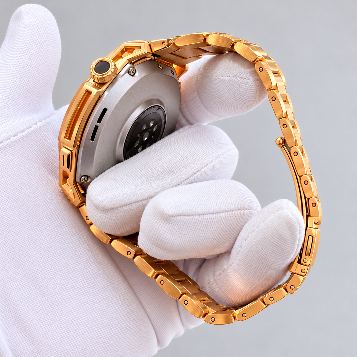 Rear view of the Amazfit Balance 3 sensor area and gold link bracelet