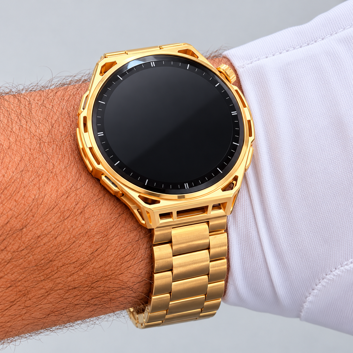 On-wrist front view of the 24K gold plated Amazfit Balance 3 smartwatch