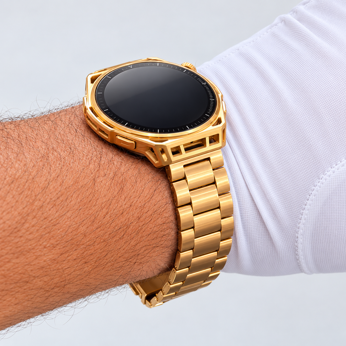 Custom gold Amazfit Balance 3 and matching bracelet worn on the wrist, side view