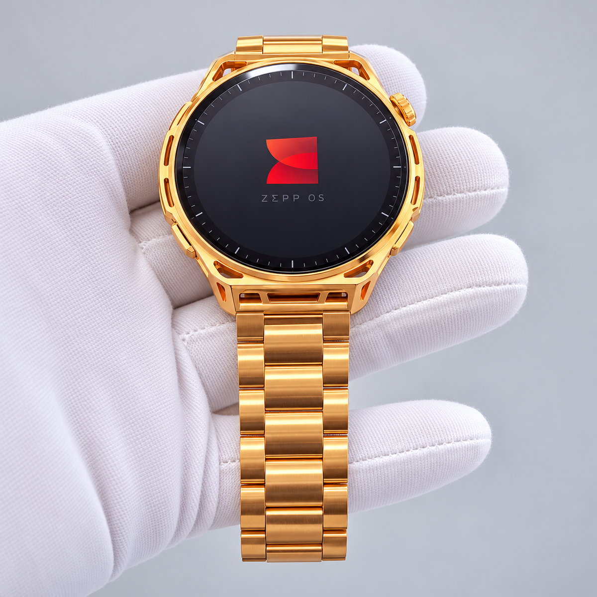 Custom gold Amazfit Balance 3 displaying the Zepp OS startup screen