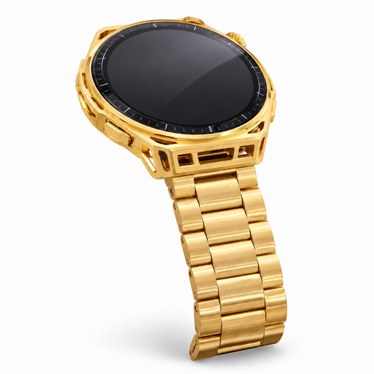 Custom 24K gold plated Amazfit Balance 3 smartwatch with gold link bracelet on white background