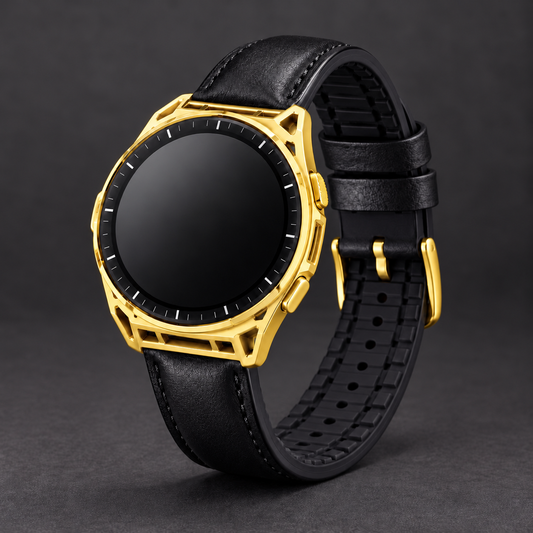 Custom 24K gold plated Amazfit Balance 3 with black leather and silicone hybrid band on charcoal background