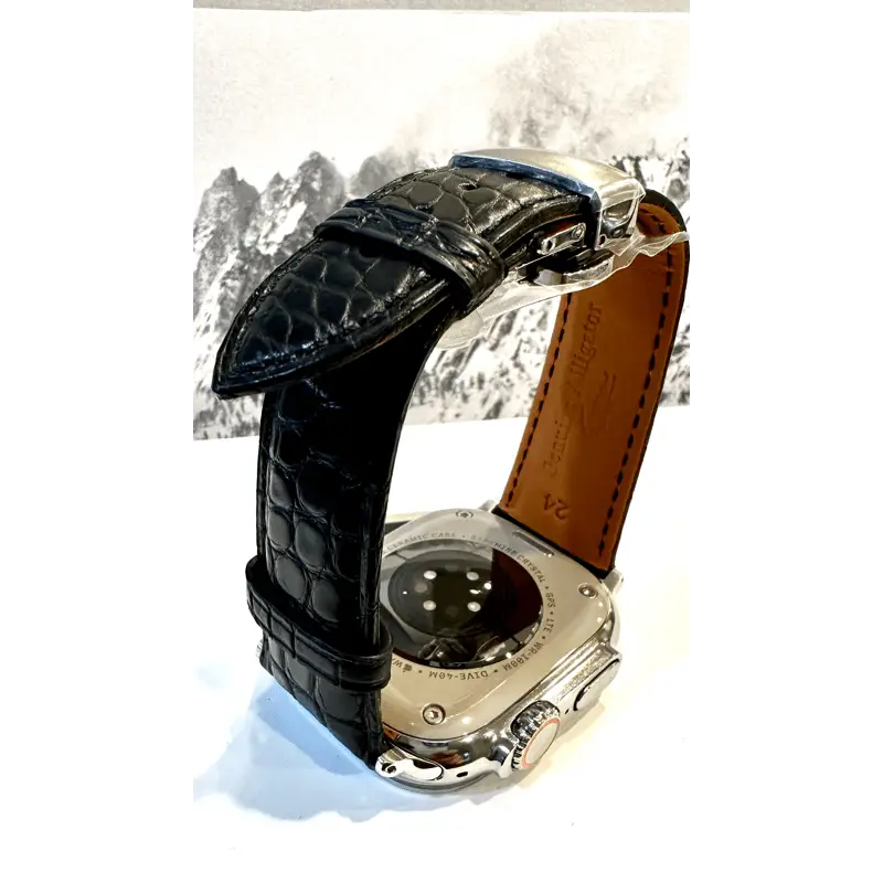 Black alligator grain leather band 24mm for Apple Watch Any Series size 42 44 45 and 49mm