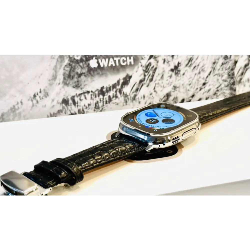 Black alligator grain leather band 24mm for Apple Watch Any Series size 42 44 45 and 49mm