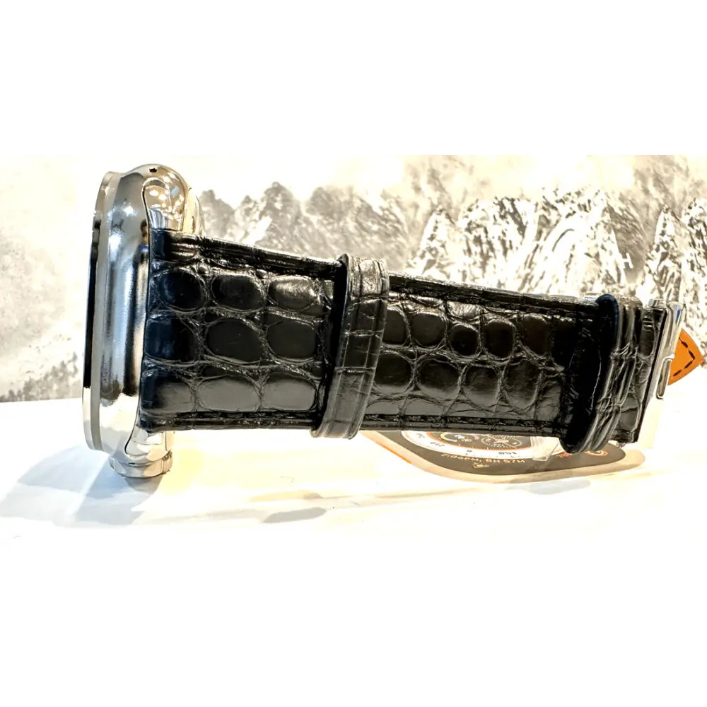 Black alligator grain leather band 24mm for Apple Watch Any Series size 42 44 45 and 49mm