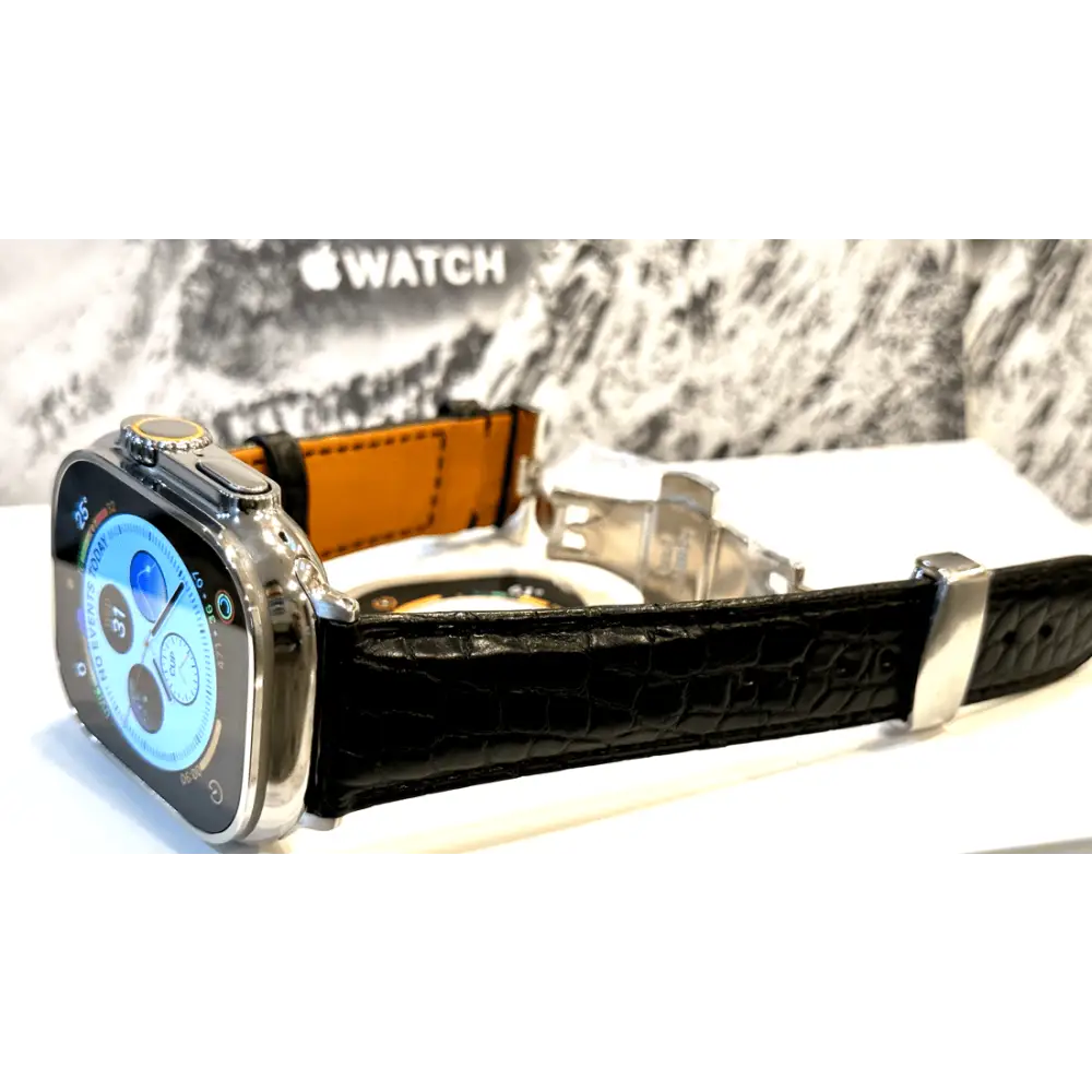 Black alligator grain leather band 24mm for Apple Watch Any Series size 42 44 45 and 49mm