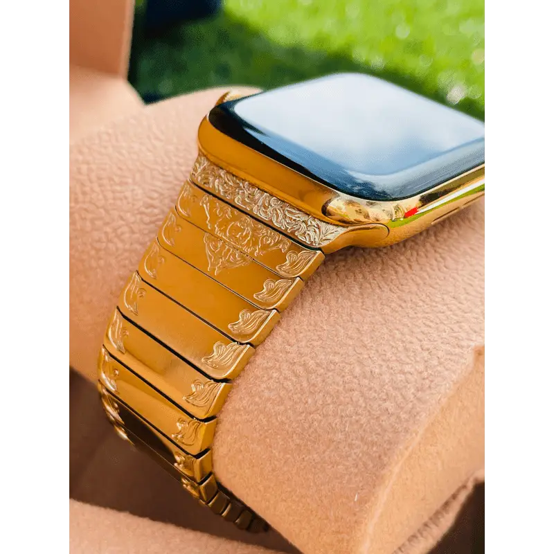 Custom 24K Gold 45mm Apple Watch Series 9 with Engraved and Gold Plated Link Band