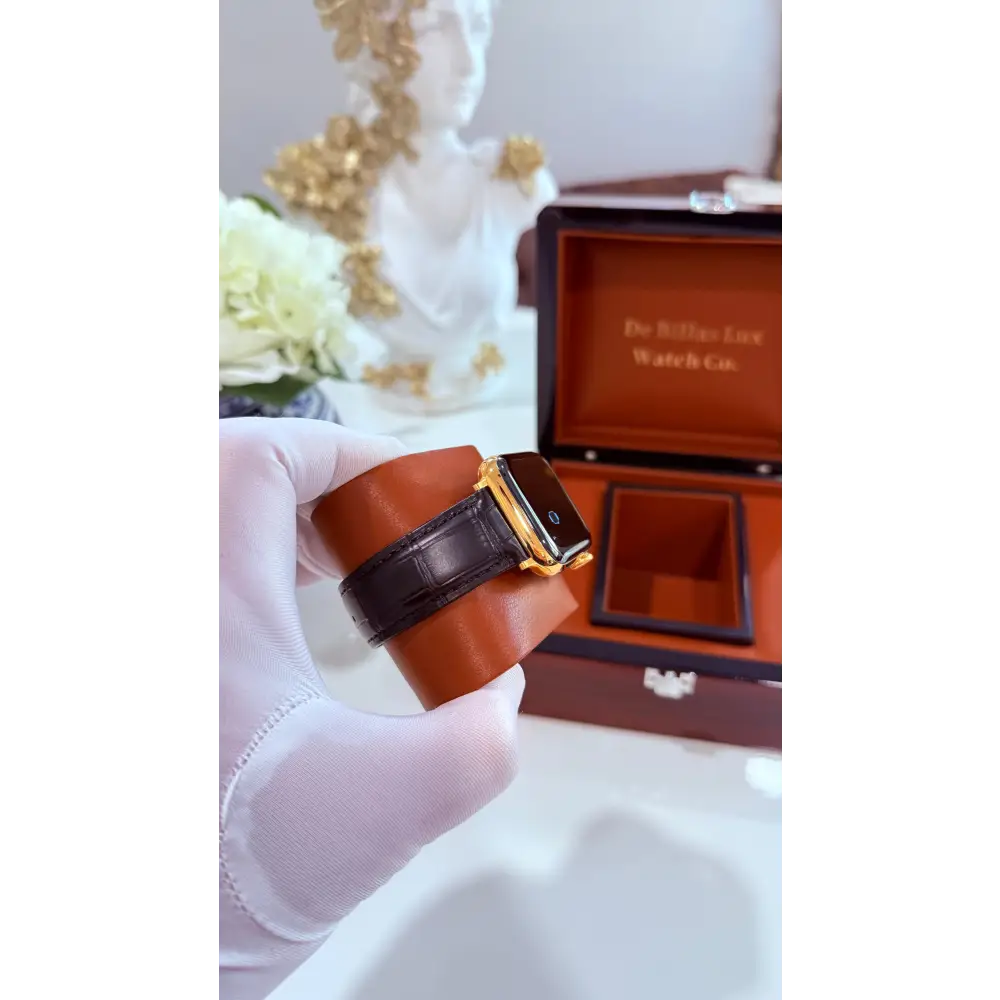 Custom 24K Gold 45mm Apple Watch Stainless Steel Series 9 Alligator Leather Band Deployment Buckle