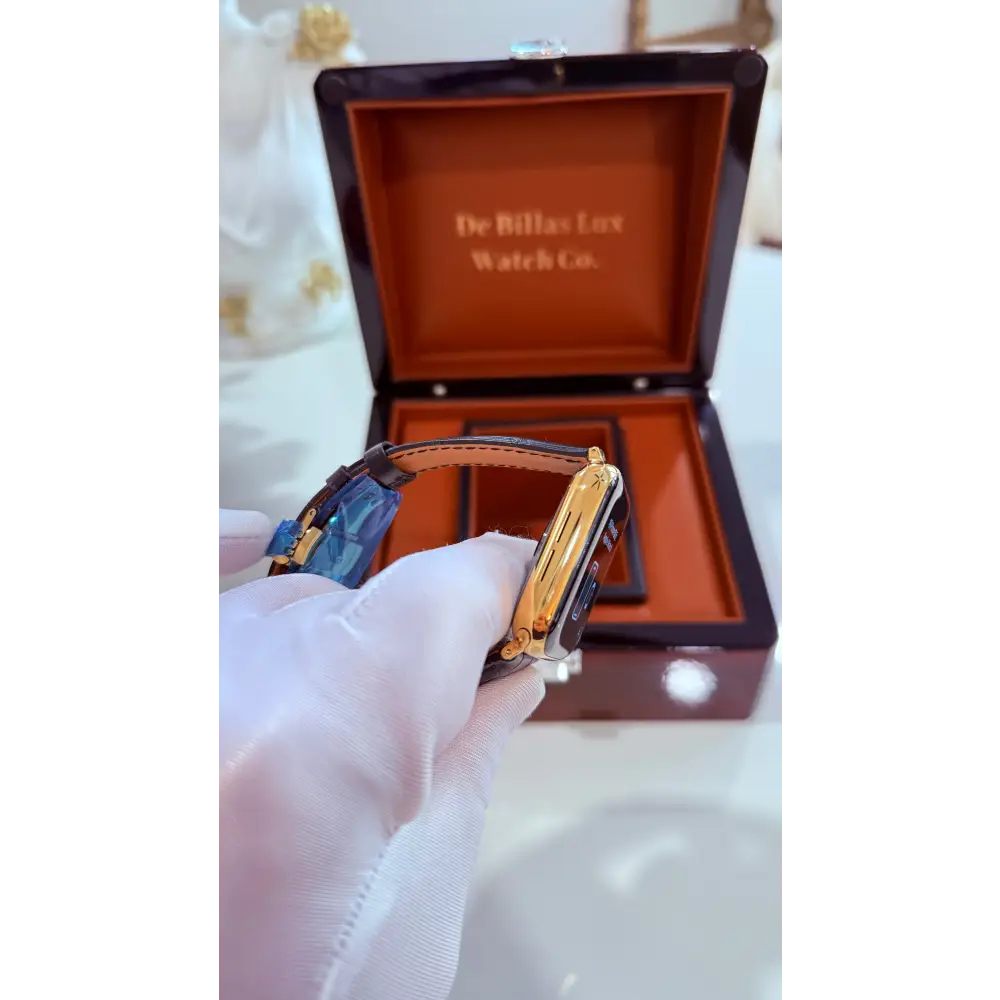 Custom 24K Gold 45mm Apple Watch Stainless Steel Series 9 Alligator Leather Band Deployment Buckle