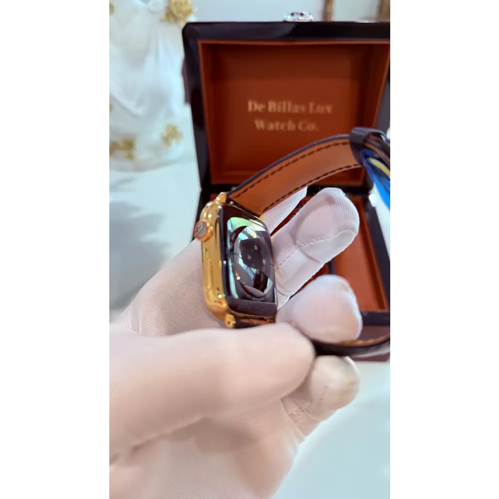 Custom 24K Gold 45mm Apple Watch Stainless Steel Series 9 Alligator Leather Band Deployment Buckle