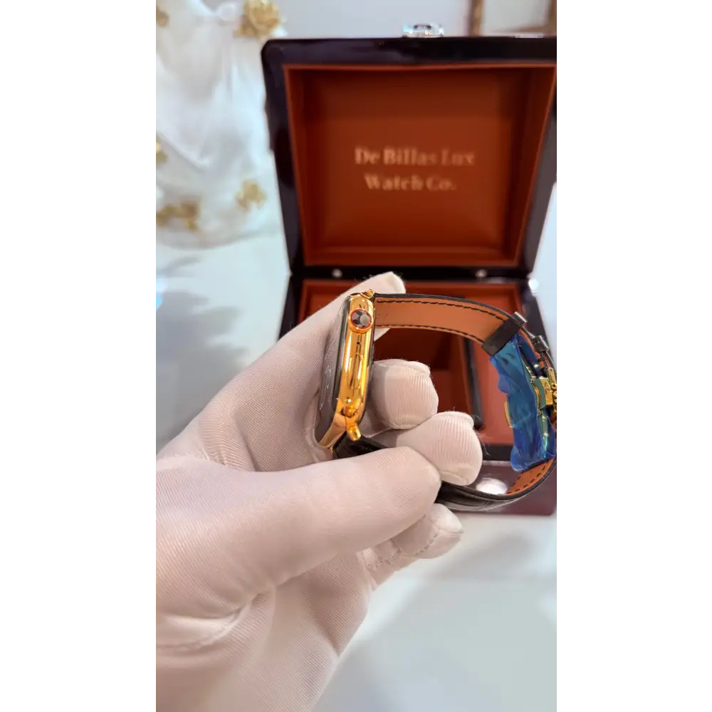 Custom 24K Gold 45mm Apple Watch Stainless Steel Series 9 Alligator Leather Band Deployment Buckle