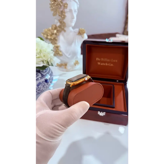 Custom 24K Gold 45mm Apple Watch Stainless Steel Series 9 Alligator Leather Band Deployment Buckle